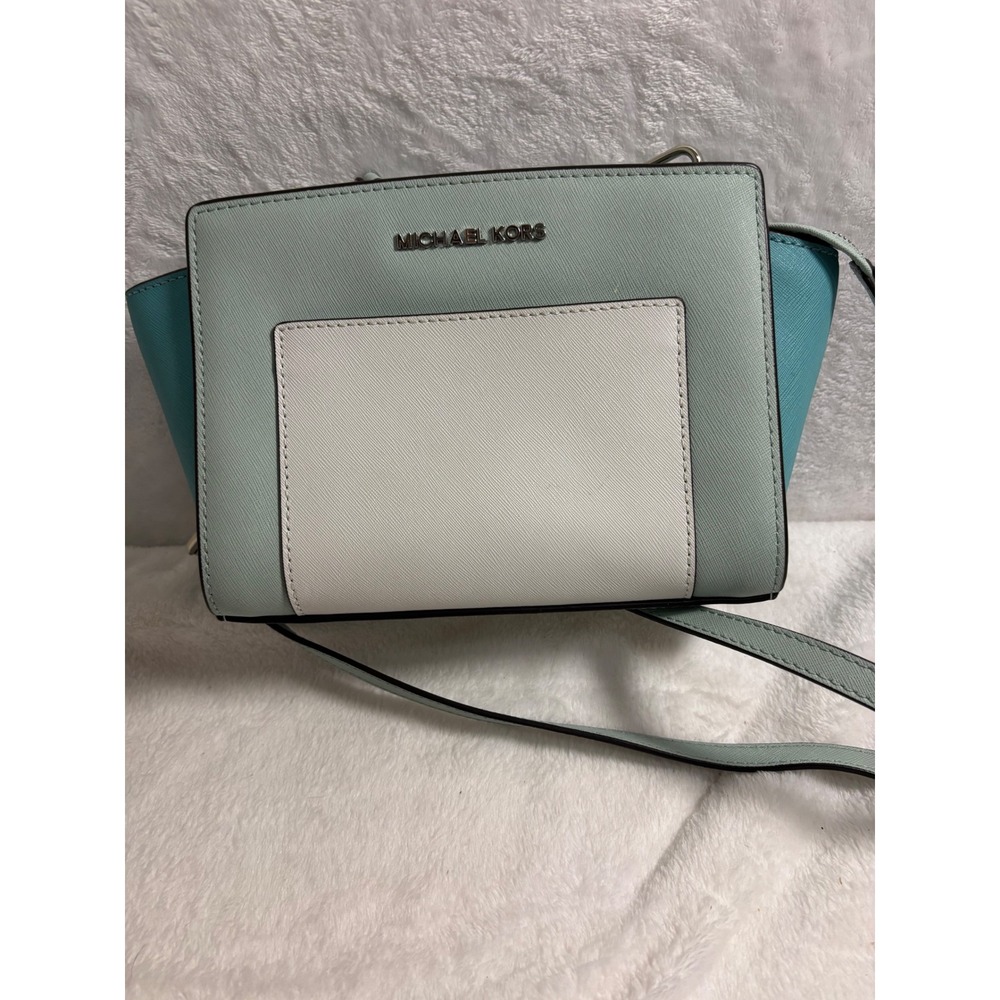 Michael Kors Selma Saffiano Leather Crossbody Bag Mint Teal White Colorblock